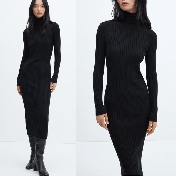 MANGO NWT Black Fine Ribbed Knit Long Sleeve Turtleneck Maxi Sweater Dress XS/ 2 - Picture 11 of 11